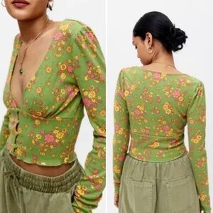 URBAN OUTFITTERS Ruby Button Up Crop Top Green Motif Groovy Retro Floral Sz XL💛